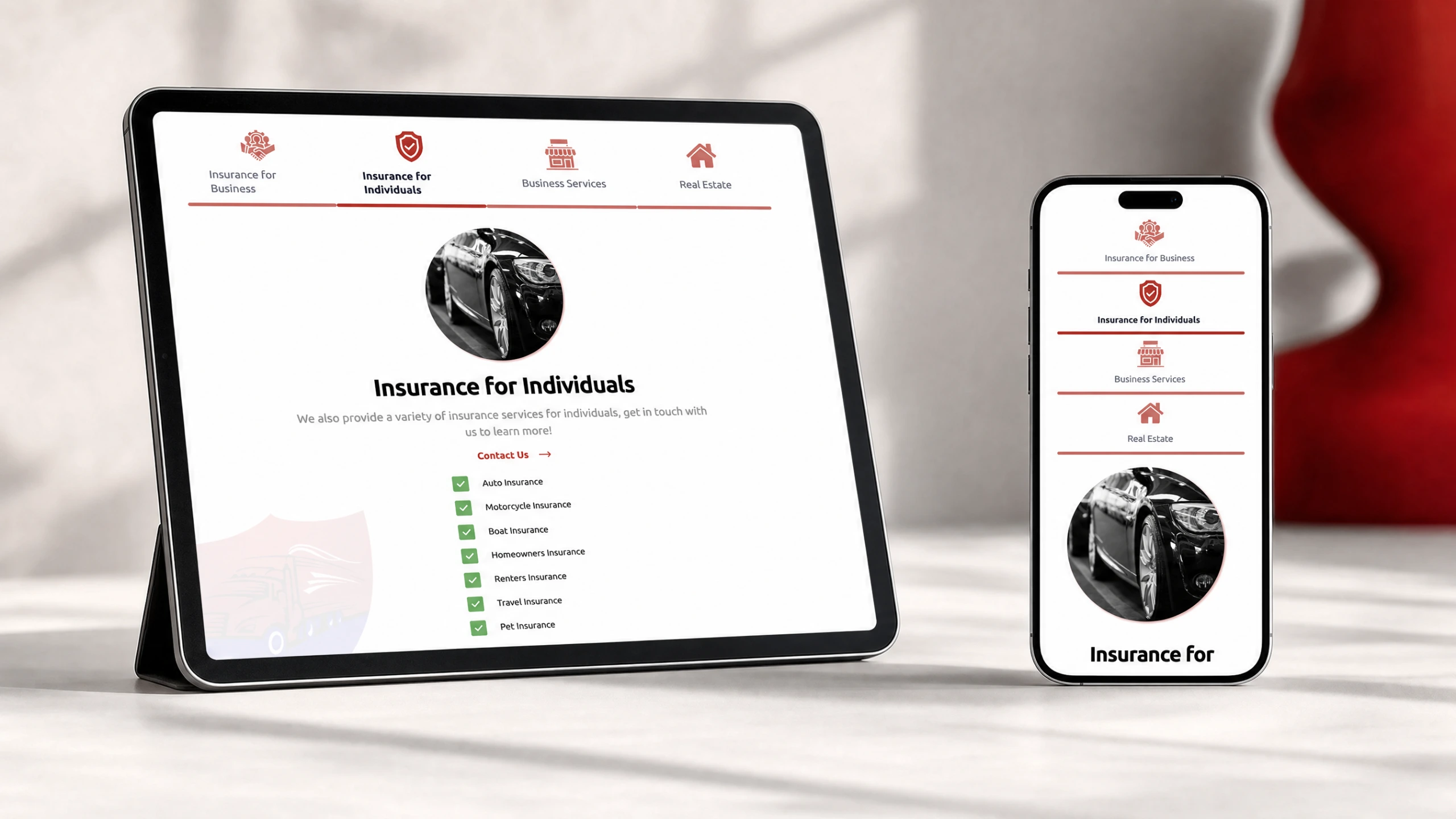 Marlin Insurance coverage explorer shown on a tablet and phone side by side in soft window light