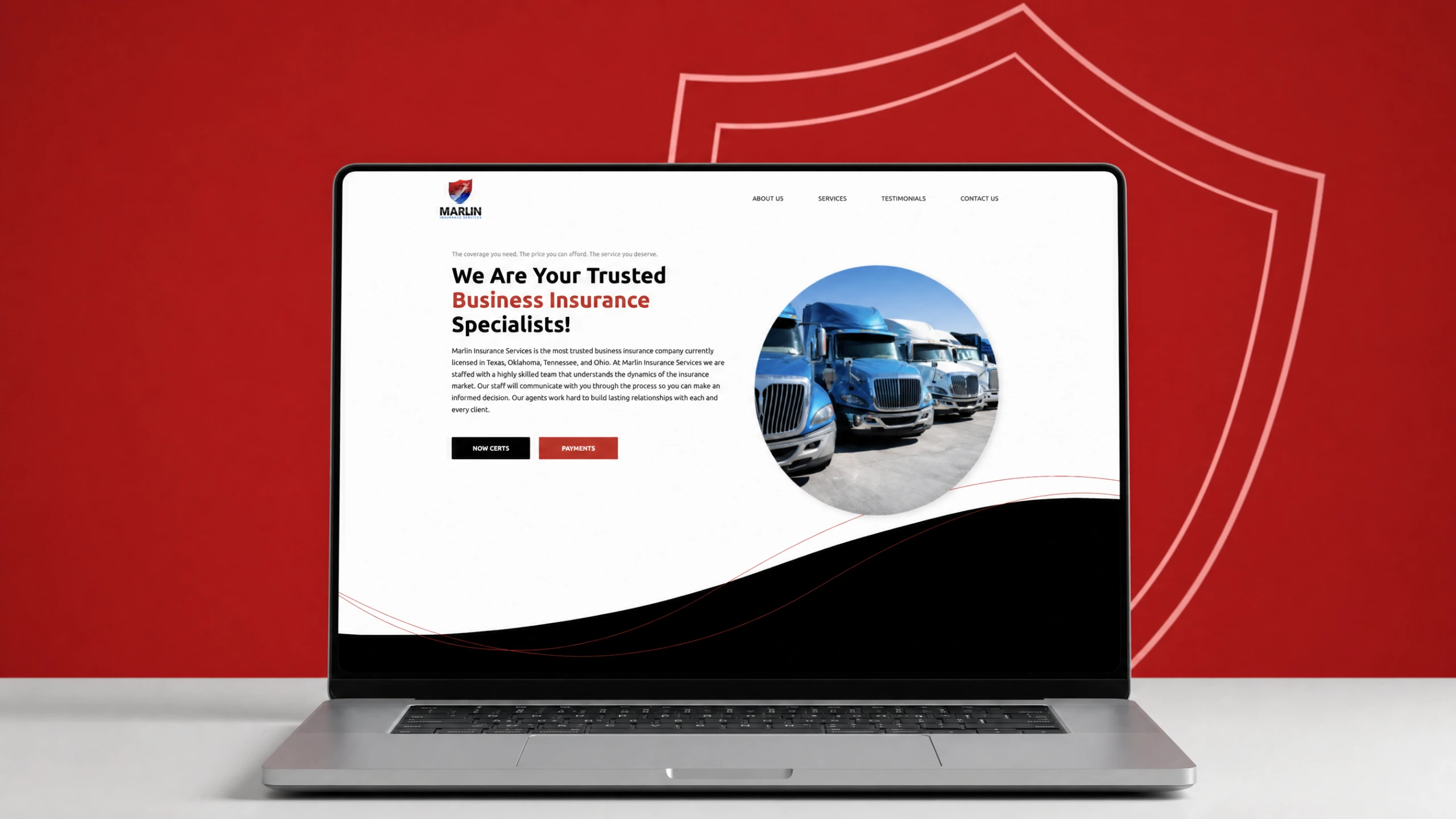 Redesigned Marlin Insurance home page on a laptop in front of a crimson red panel with a shield emblem outline