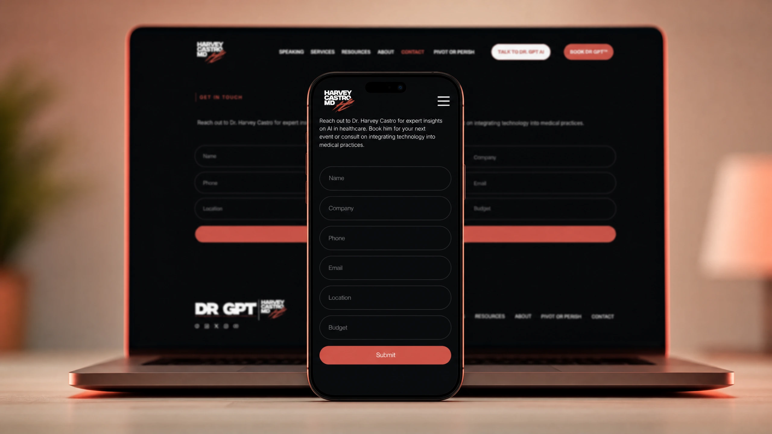 Dr GPT booking form on a smartphone with the desktop contact page blurred on a laptop behind
