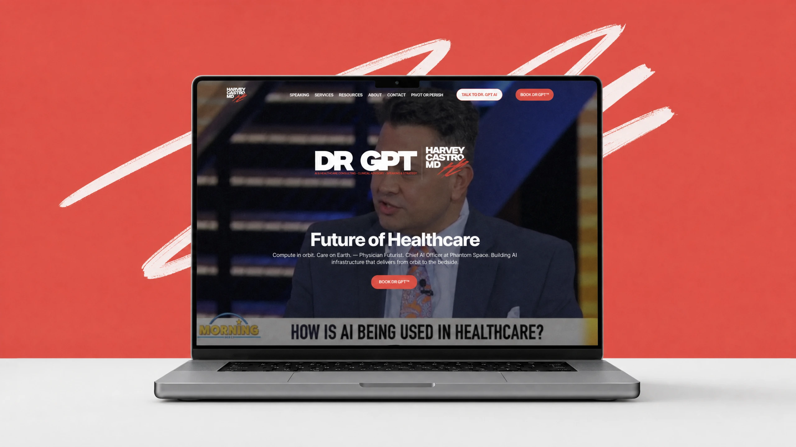Redesigned Dr GPT home page on a laptop in front of a coral red panel with a brushstroke slash mark