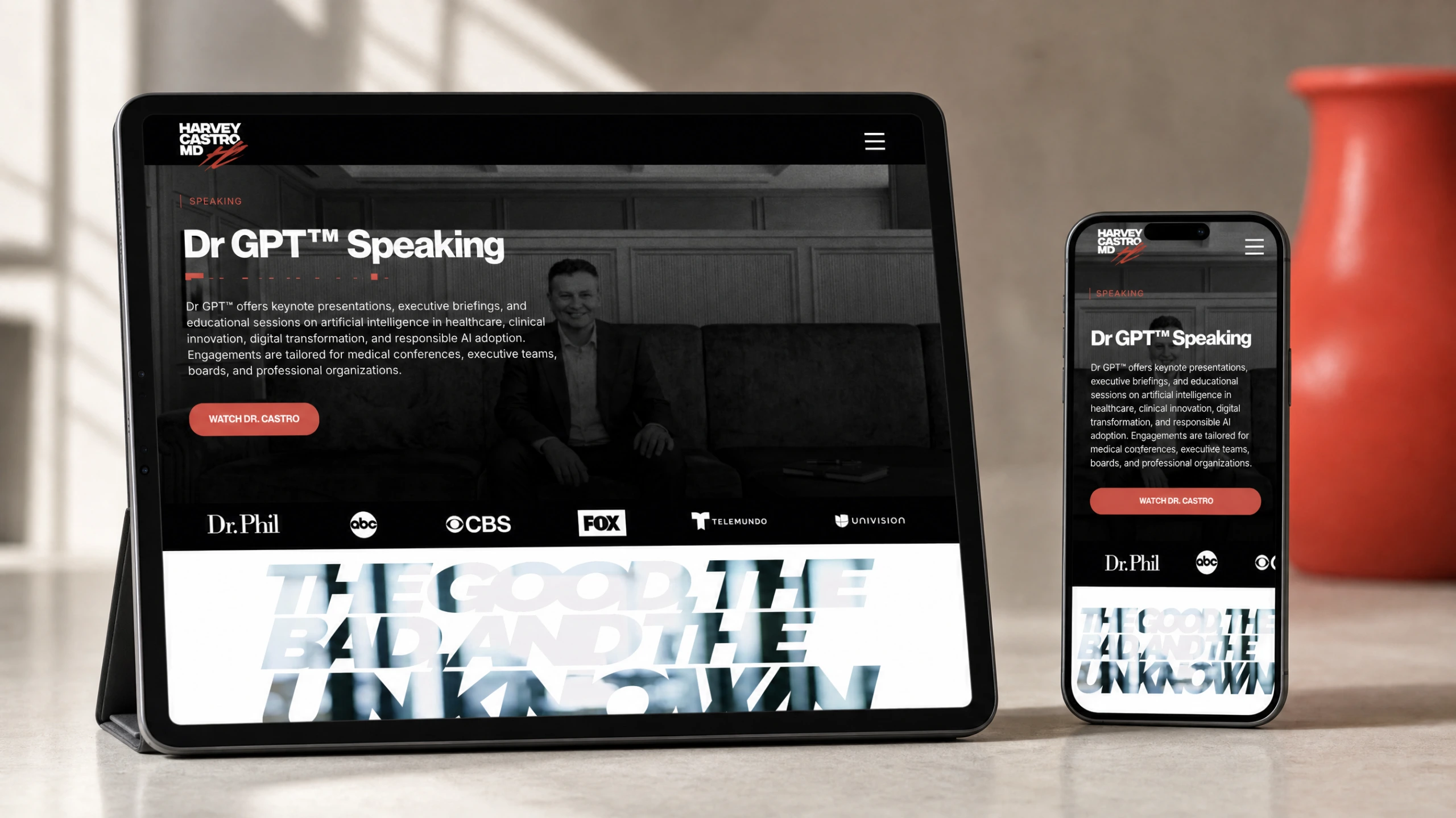 Dr GPT speaking page shown on a tablet and phone side by side in soft window light