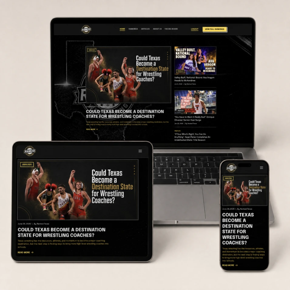 Responsive design of the Texas Ranked wrestling rankings website across three device sizes