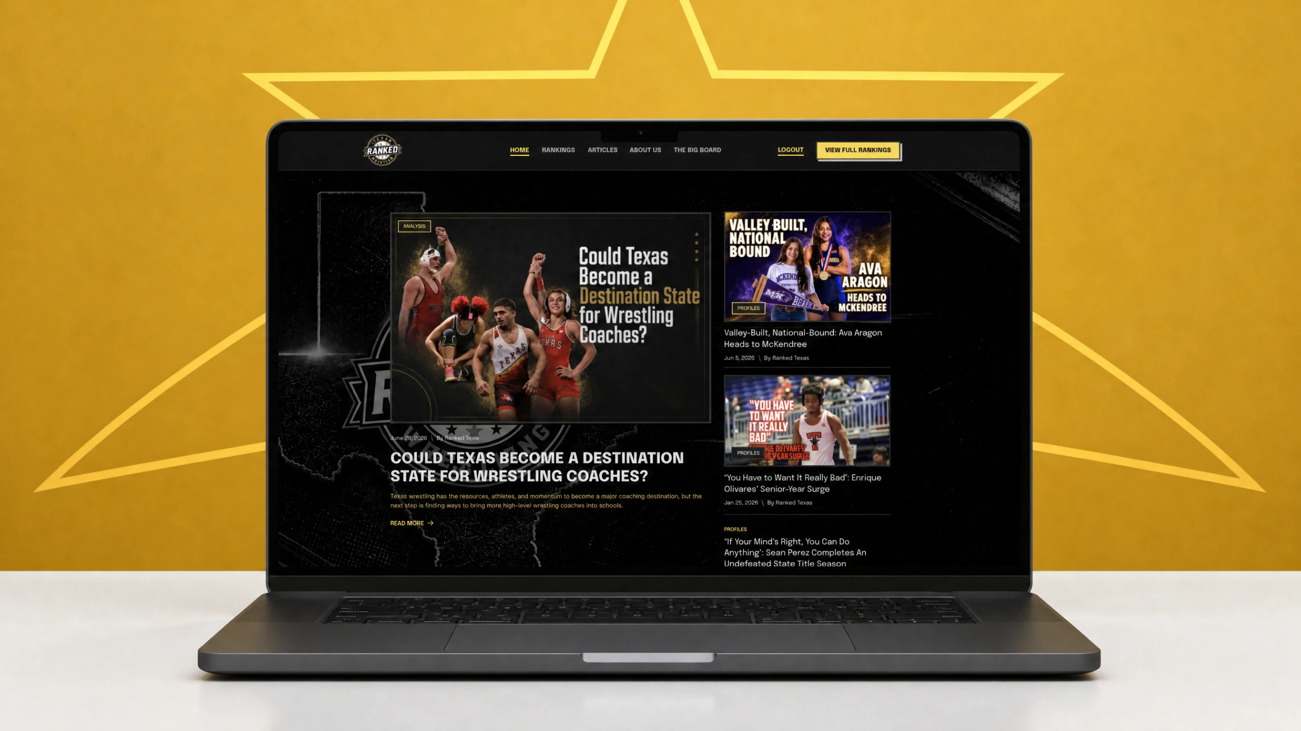 Texas Ranked black and gold wrestling brand rebrand shown across desktop, tablet and mobile devices