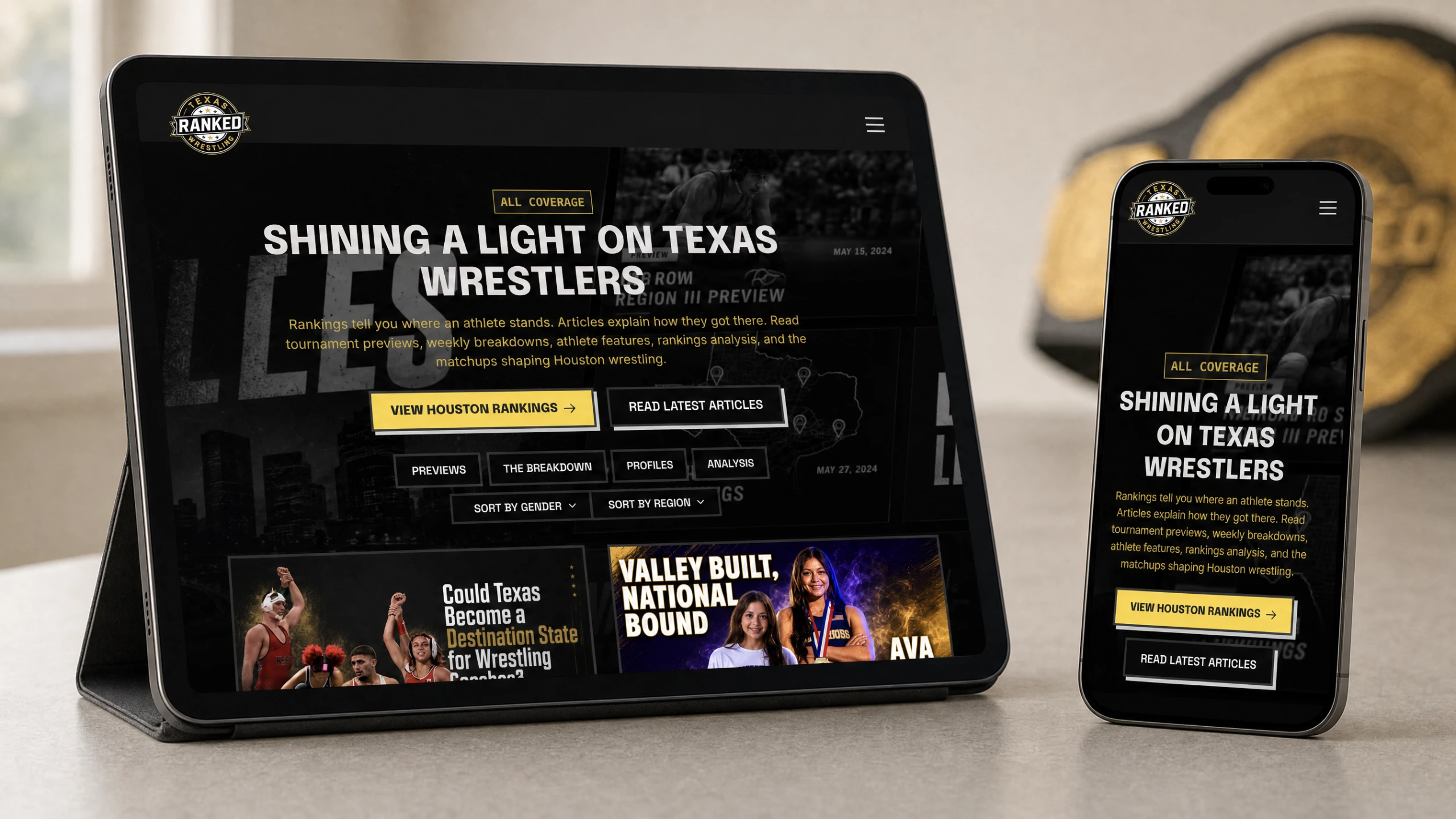 Texas Ranked wrestling articles and editorial pages showcased in a multi-device mockup