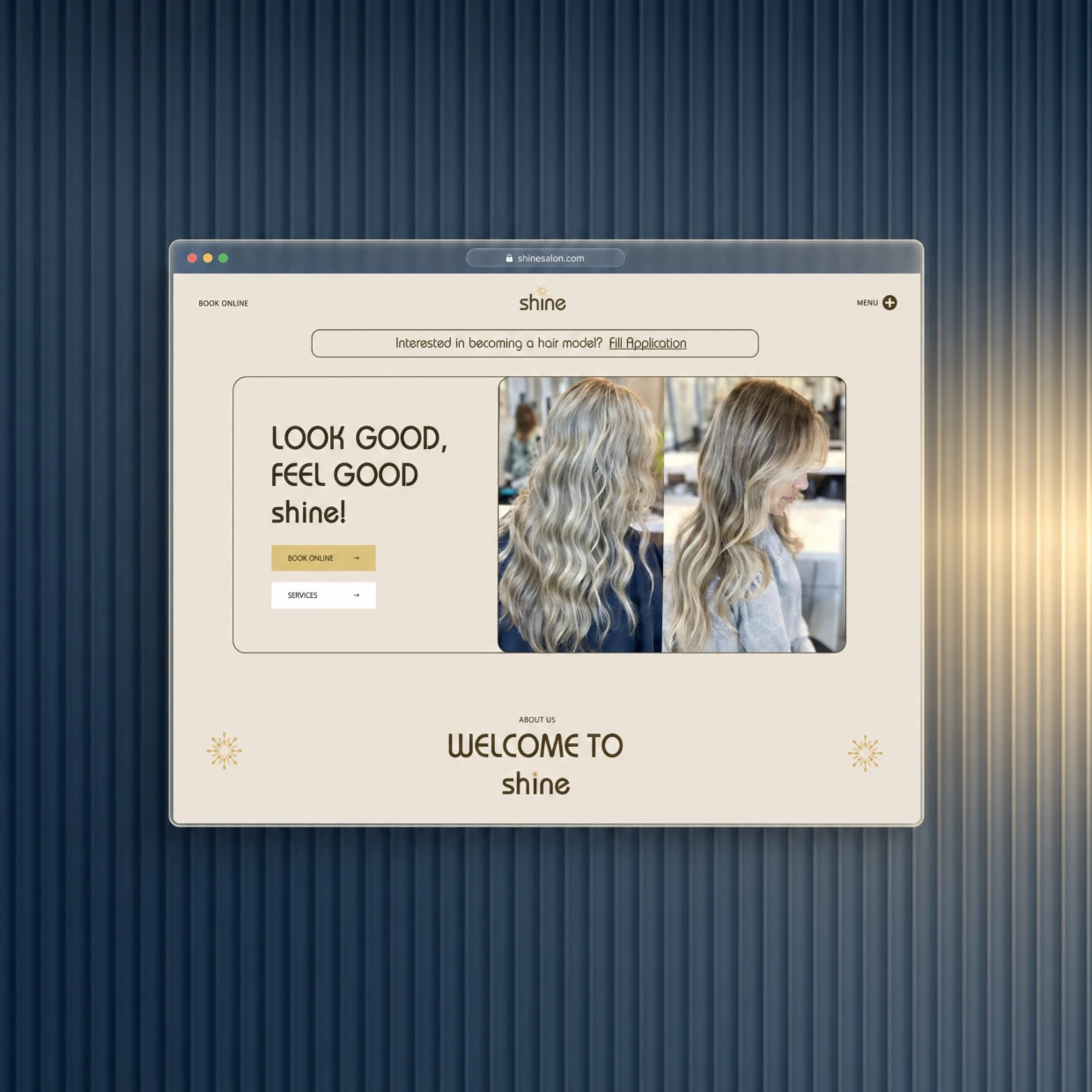 Beauty salon website in a glass browser window on a navy fluted glass background