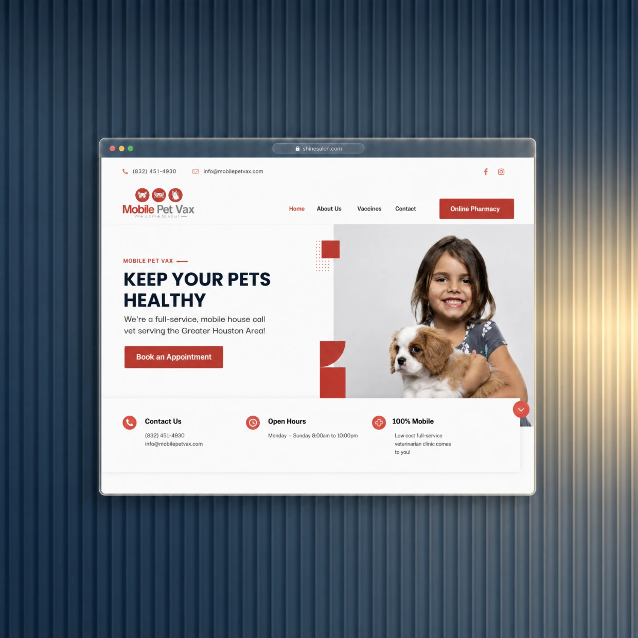 Veterinary website in a glass browser window on a navy fluted glass background