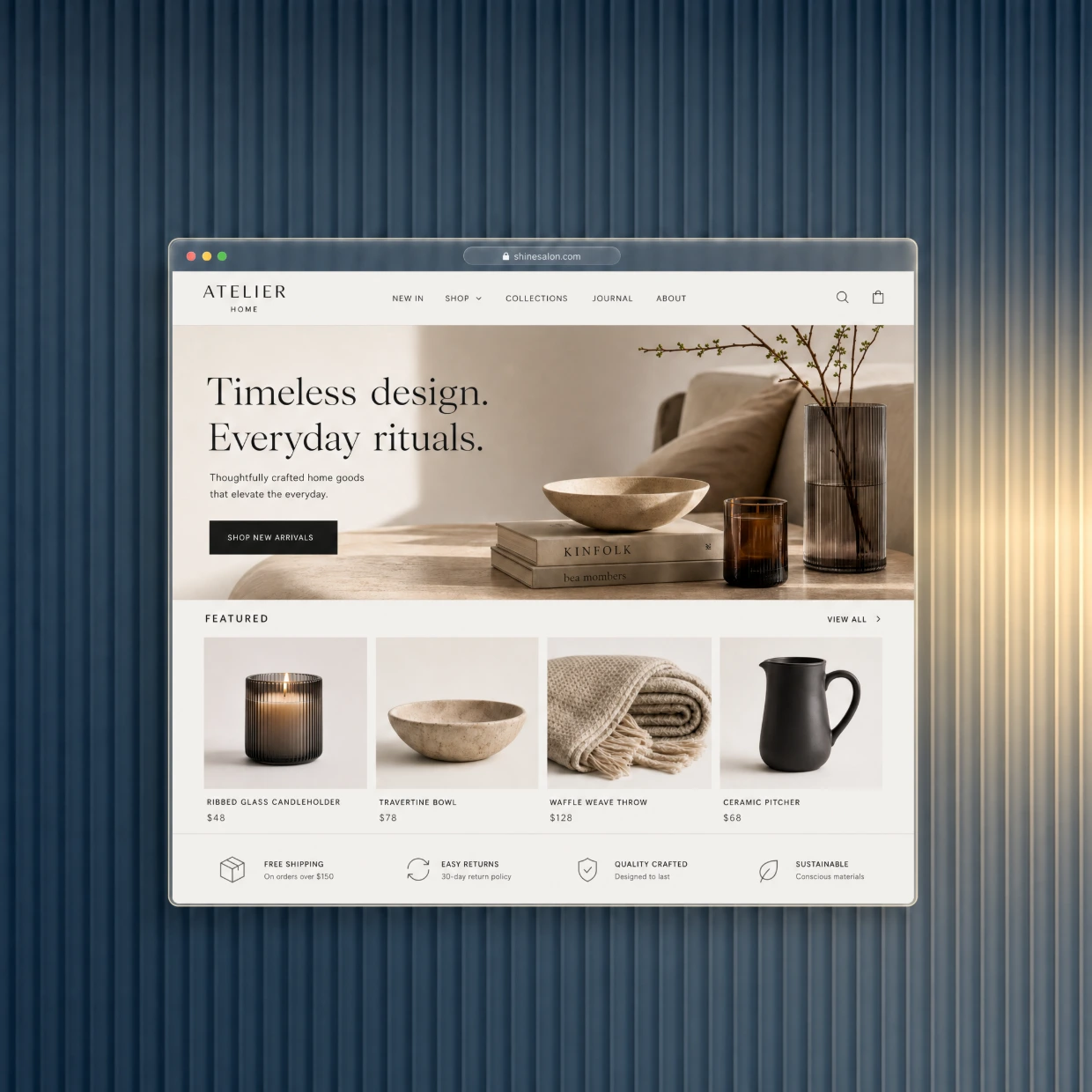 Ecommerce storefront website in a glass browser window on a navy fluted glass background