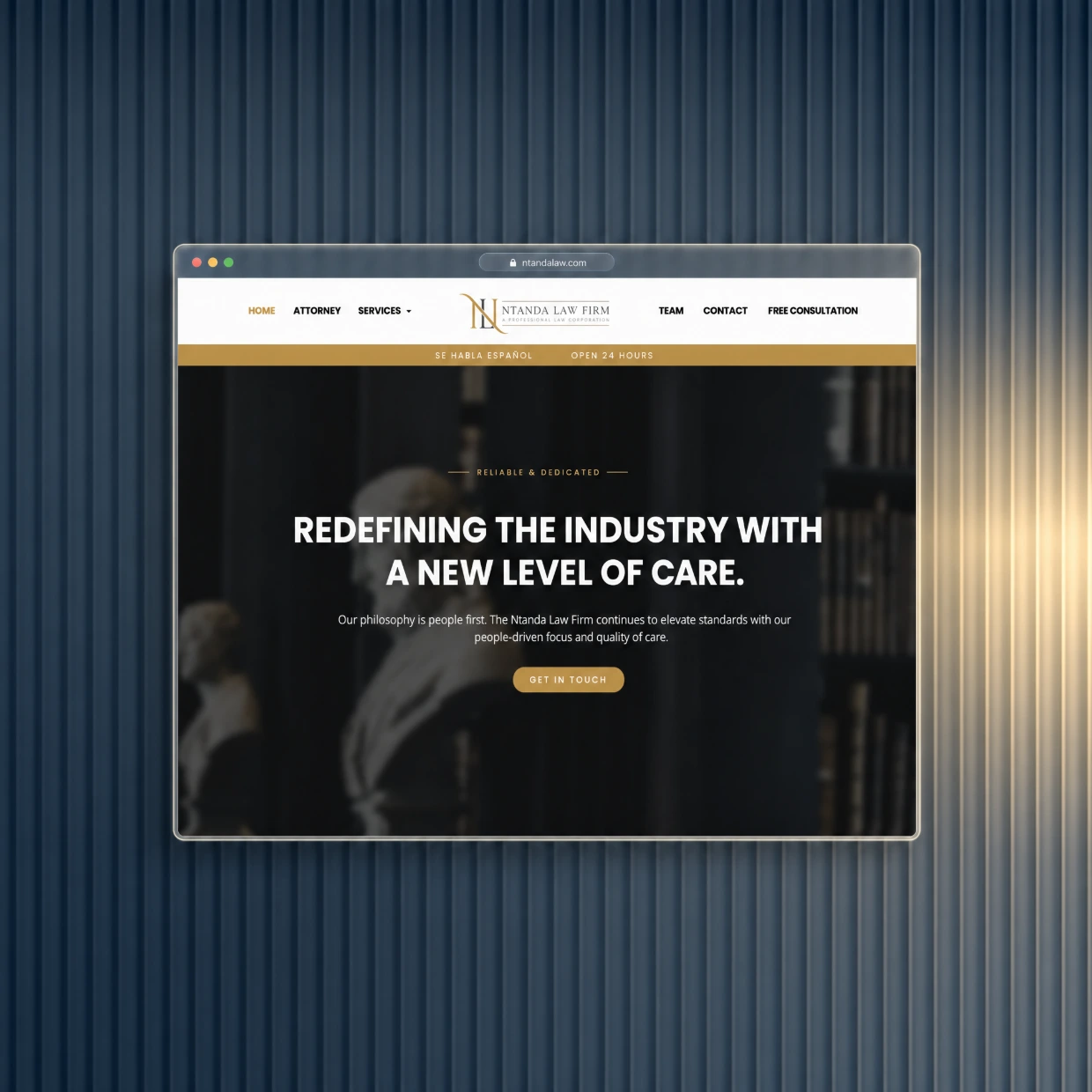 Law firm website in a glass browser window on a navy fluted glass background