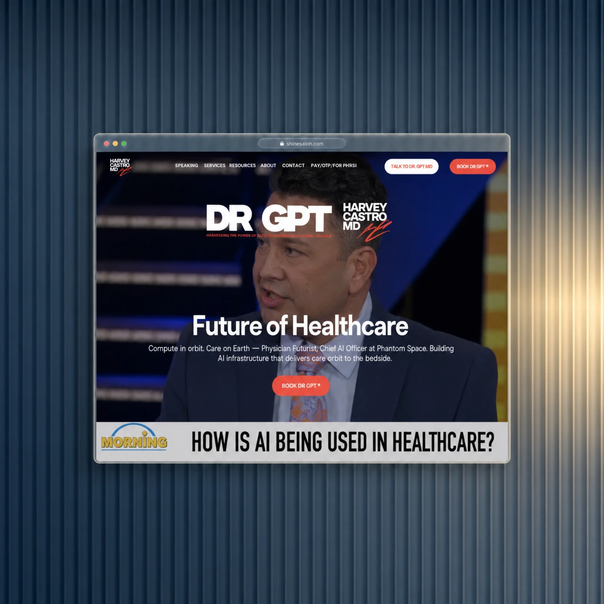 Medical healthcare website in a glass browser window on a navy fluted glass background