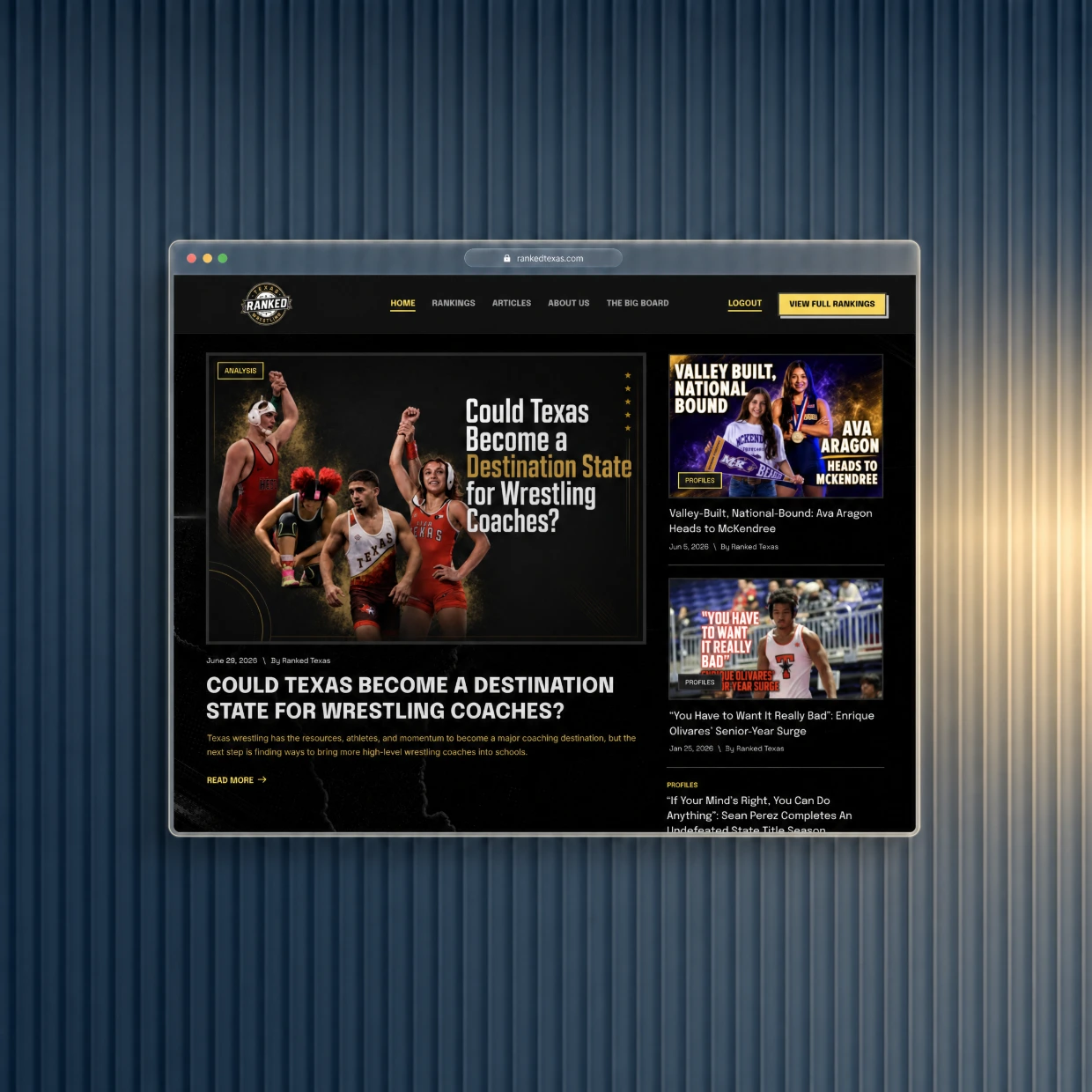 Sports rankings website in a glass browser window on a navy fluted glass background