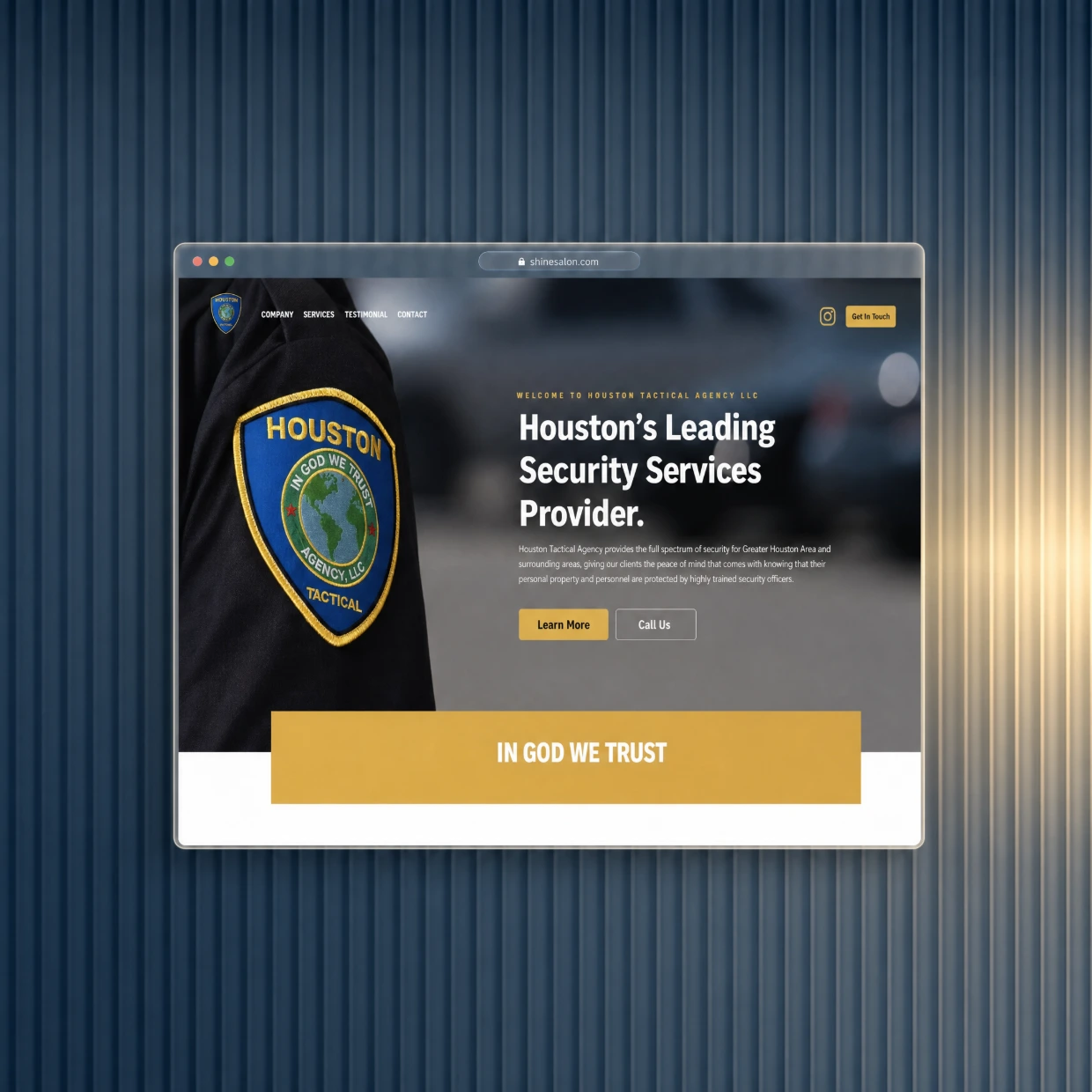Security company website in a glass browser window on a navy fluted glass background