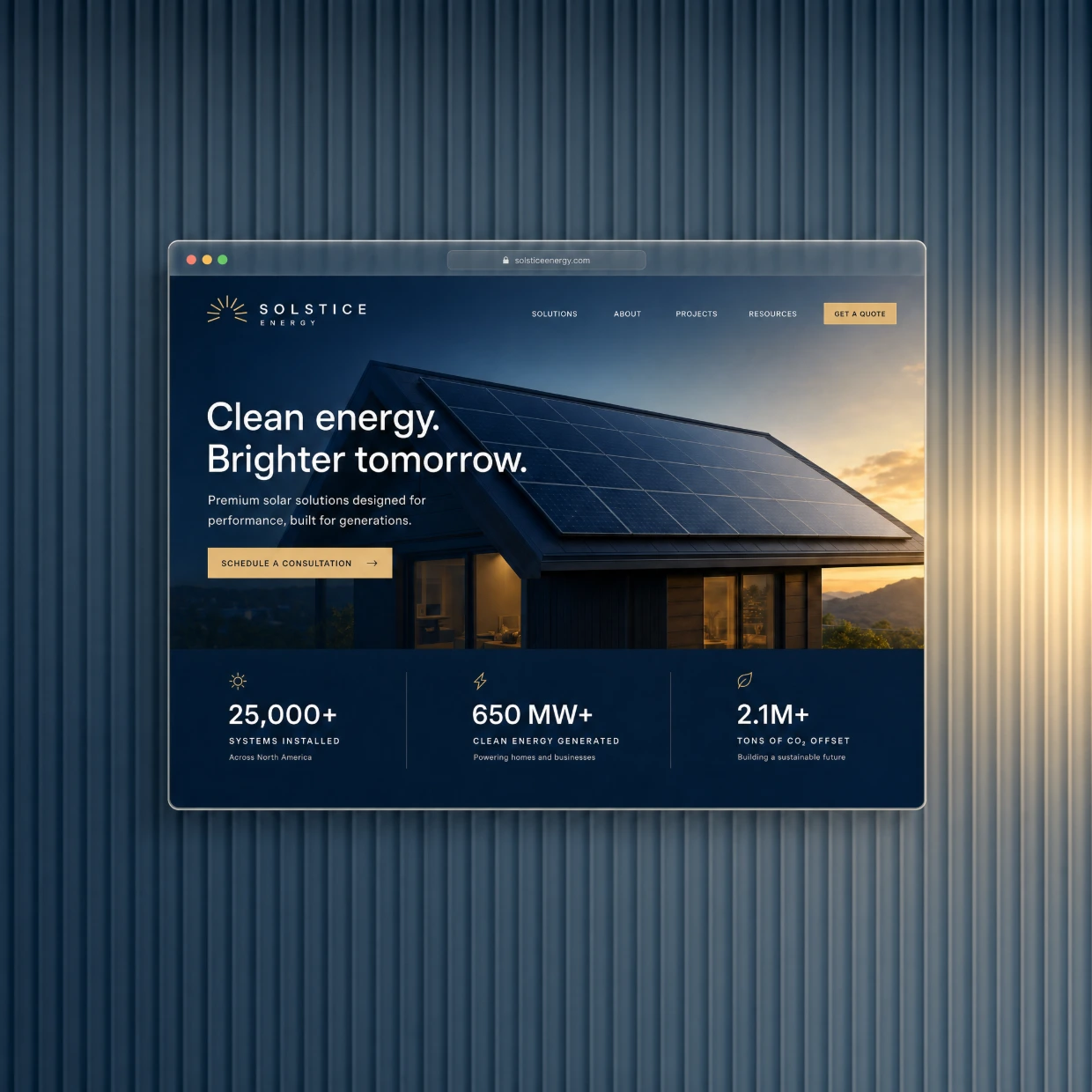 Renewable energy website in a glass browser window on a navy fluted glass background
