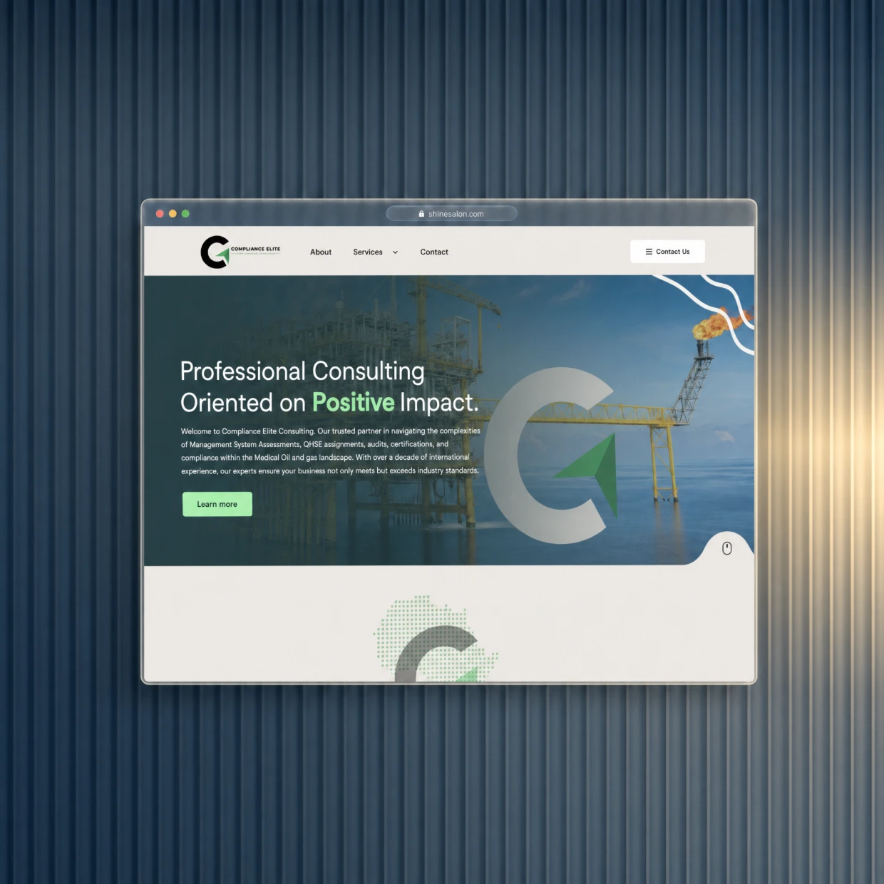 Professional services consulting website in a glass browser window on a navy fluted glass background