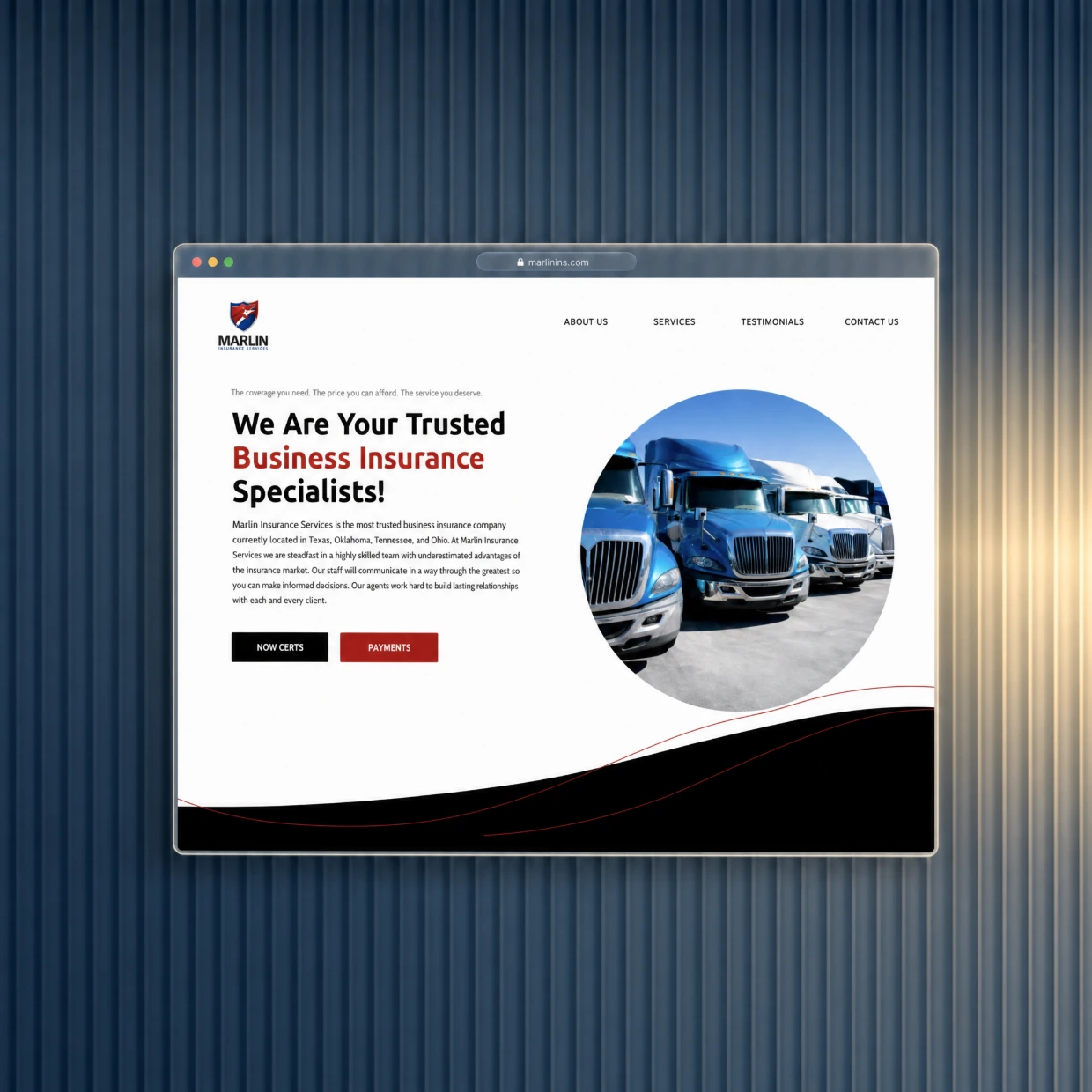 Insurance agency website in a glass browser window on a navy fluted glass background