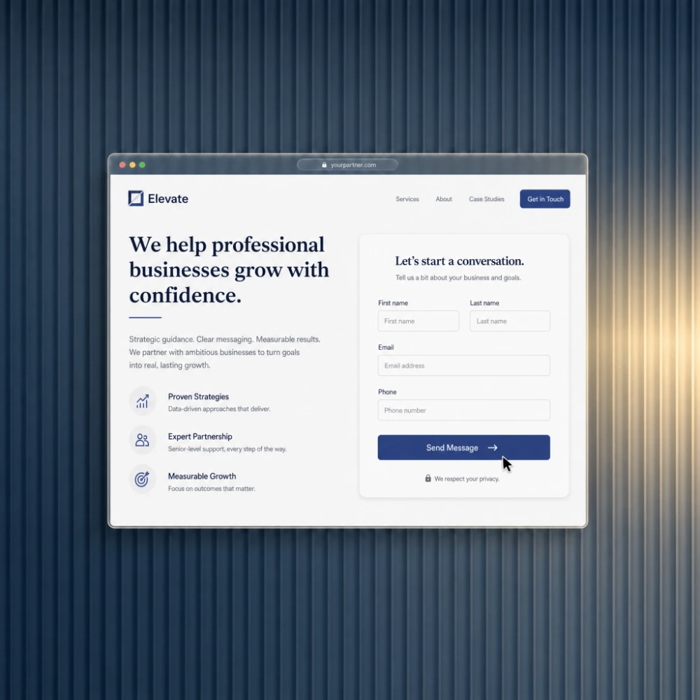 Conversion-focused website design with a contact form in a glass browser window on a navy fluted glass background