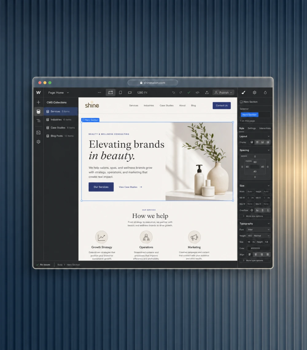 Webflow CMS editor interface in a glass browser window on a navy fluted glass background