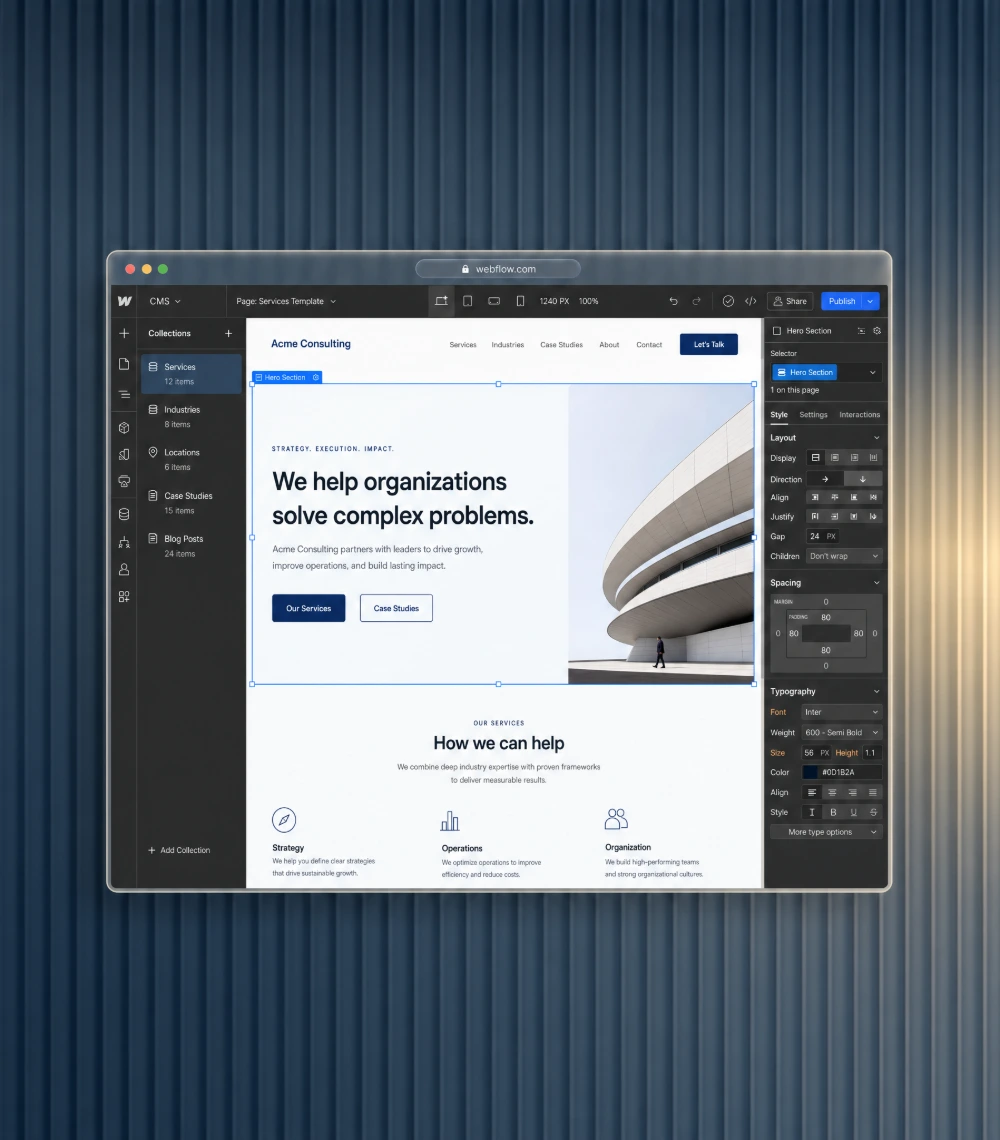Webflow CMS editor managing services, industries, and location pages for a Houston business website