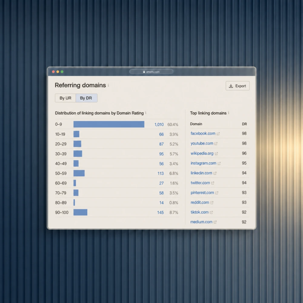 Referring domains report showing links earned across a range of domain ratings