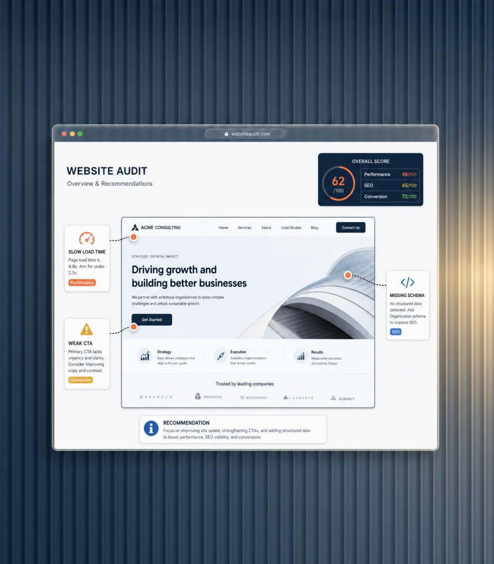 Website audit scorecard with annotated issues and scores for performance, SEO, and conversion