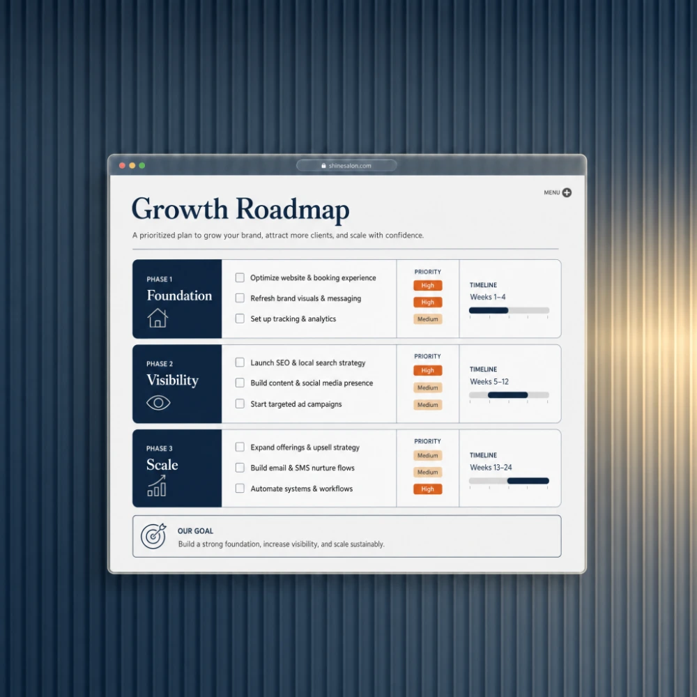 Three-phase growth roadmap document with prioritized action items and timelines