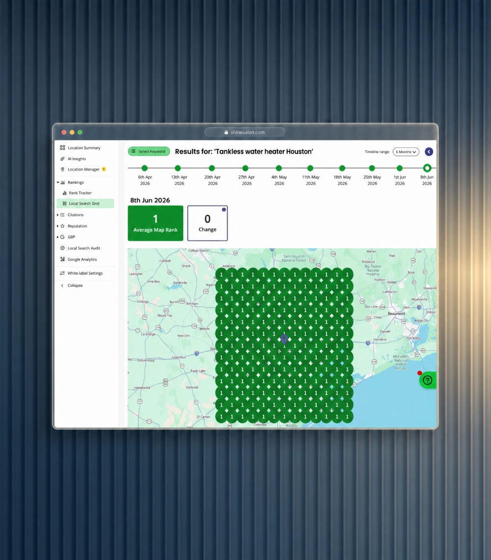Local rank tracking geo-grid map of Houston covered in green top-ranking dots