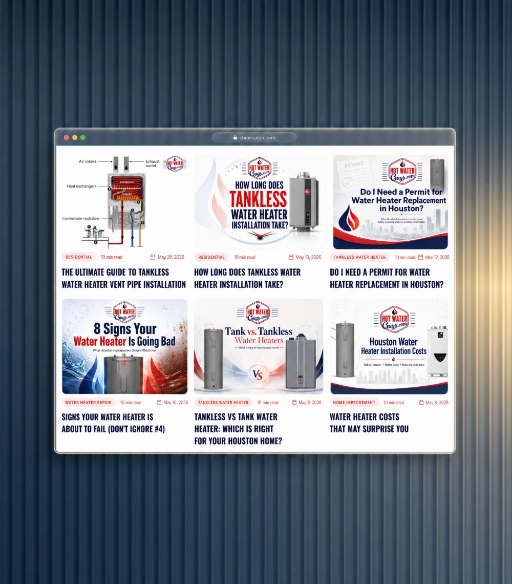 Grid of branded content graphics and article cards produced for a Houston home services client