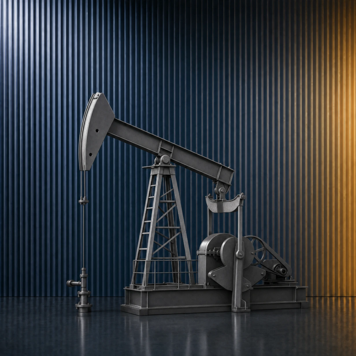 Steel oil pumpjack in front of a navy fluted glass wall, representing oil and gas marketing