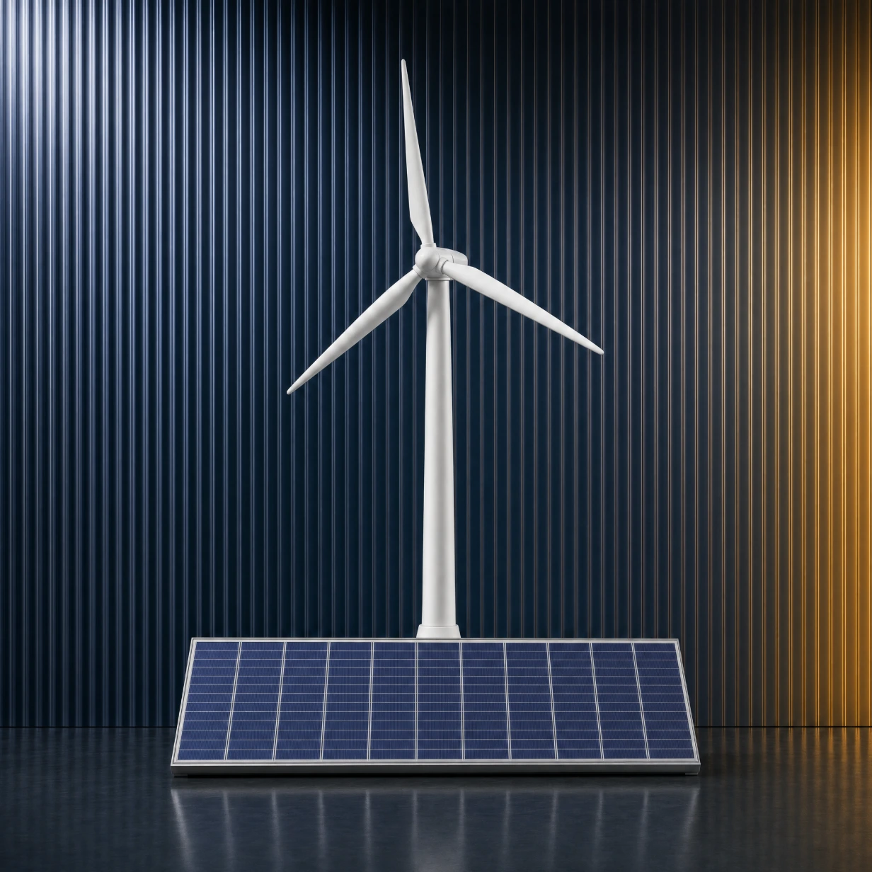 Wind turbine and solar module in front of a navy fluted glass wall, representing renewable energy marketing
