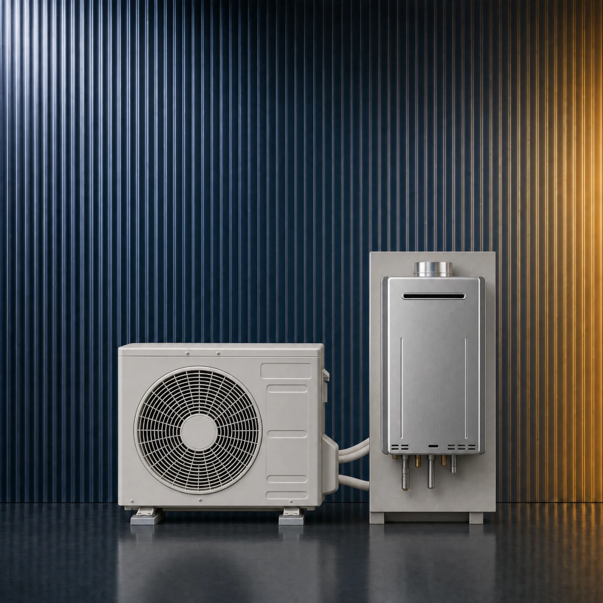 HVAC condenser and tankless water heater in front of a navy fluted glass wall, representing home services marketing