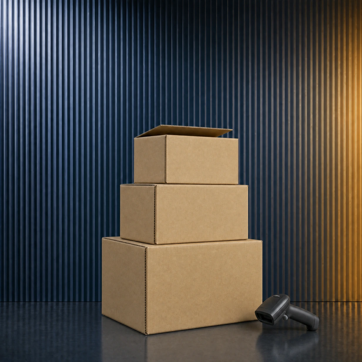 Stacked shipping boxes and a barcode scanner in front of a navy fluted glass wall, representing ecommerce marketing