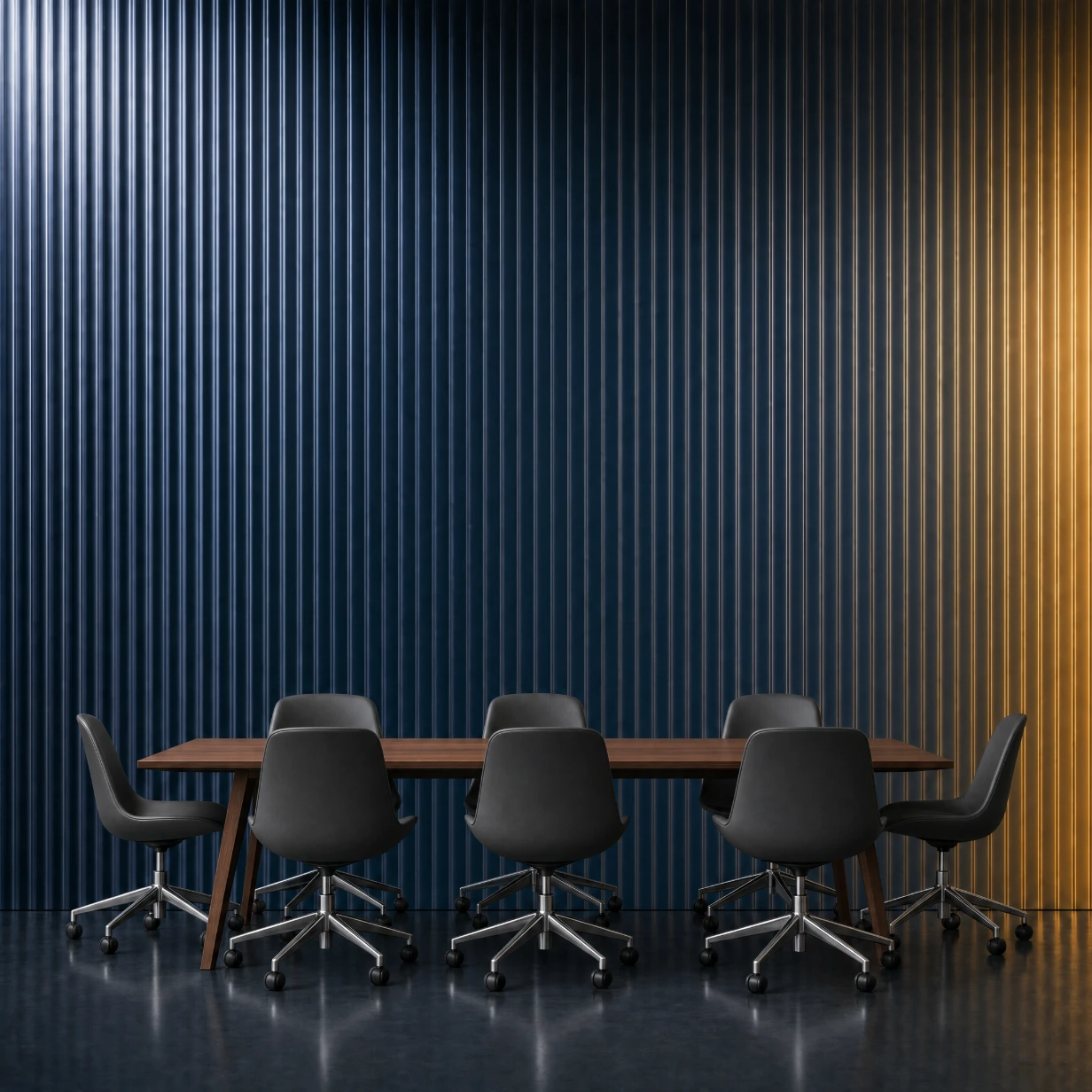 Boardroom table and executive chairs in front of a navy fluted glass wall, representing professional services marketing