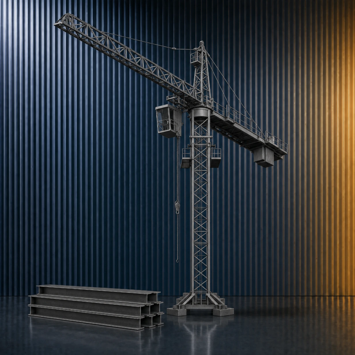 Tower crane and stacked steel beams in front of a navy fluted glass wall, representing contractor marketing