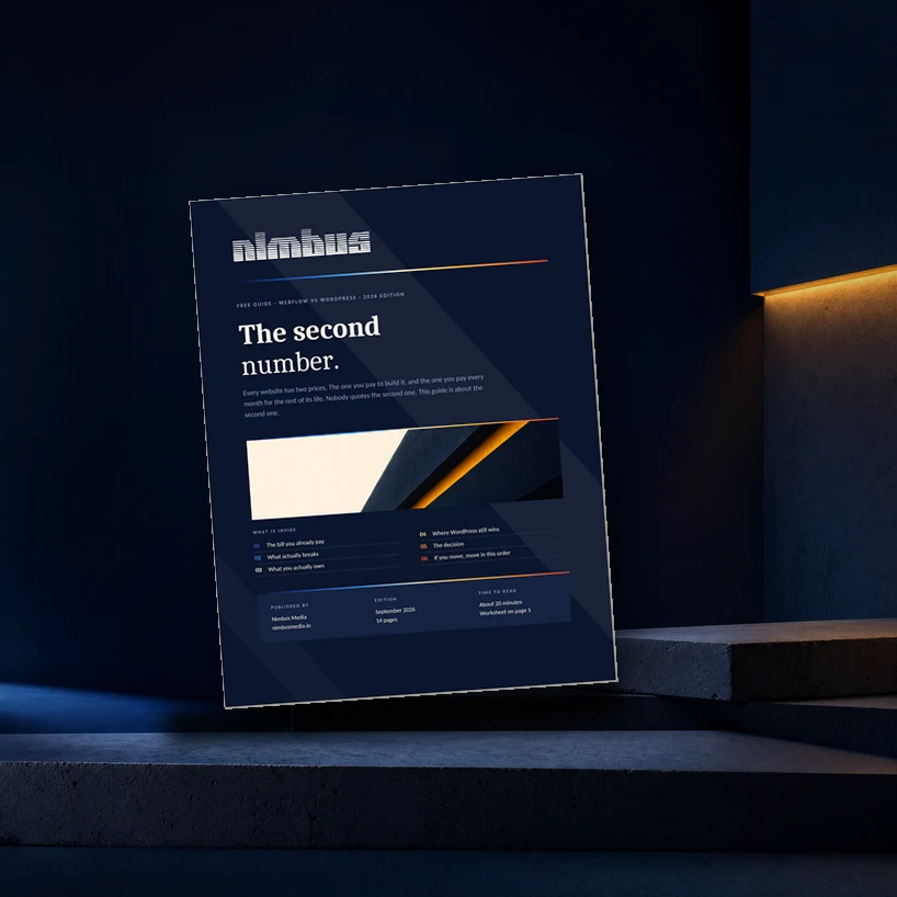 Cover of The Second Number, Nimbus Media's guide to Webflow versus WordPress, standing on a concrete step in a dark navy room.