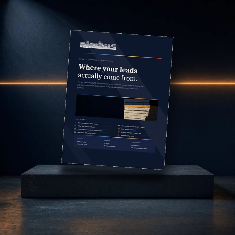 Cover of Where Your Leads Actually Come From, Nimbus Media's lead tracking guide for small business, standing on a concrete step in a dark navy room.