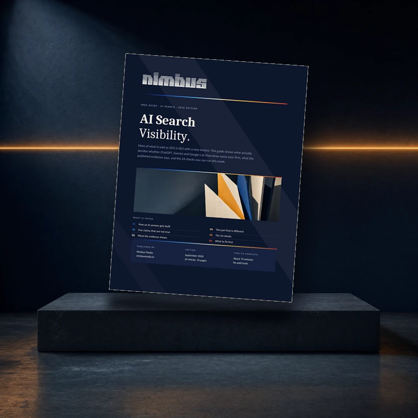 Cover of AI Search Visibility, Nimbus Media's guide to getting named in AI answers, standing on a concrete step in a dark navy room.