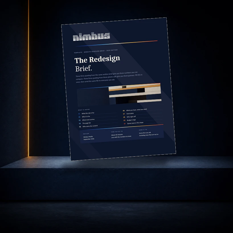 Cover of The Redesign Brief, Nimbus Media's fillable website redesign brief template, standing on a concrete step in a dark navy room.