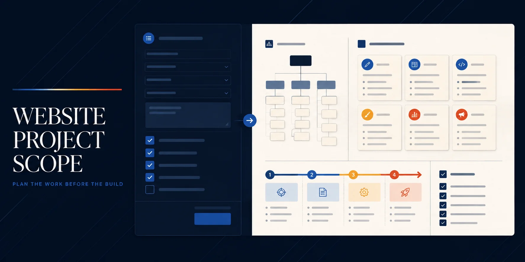 Nimbus Media Website Project Scope Planner showing a sitemap, project workstreams, timeline, and readiness checklist.