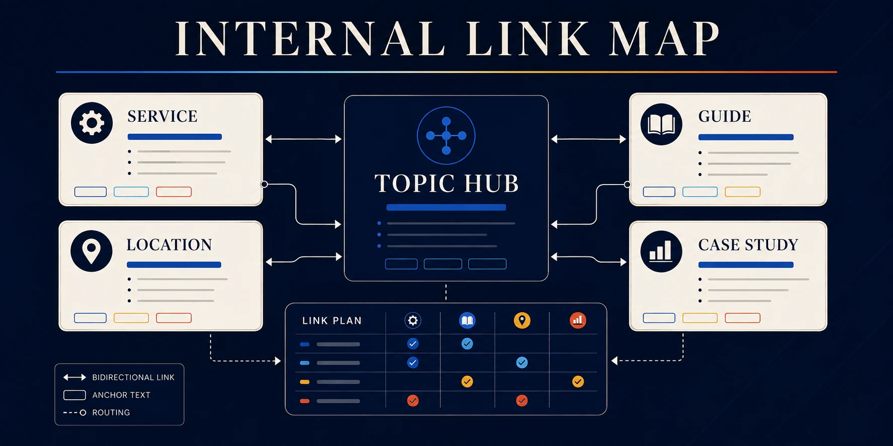 Nimbus Media Internal Link Map Builder showing a topic hub connected to supporting service, guide, location, and case study pages.