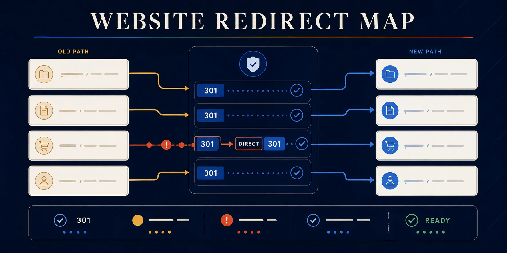 Nimbus Media Website Redirect Map Builder showing old URL paths routed through validated 301 redirects to new destination pages.