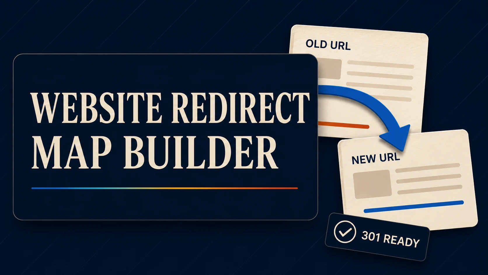 Free Website Redirect Map Builder with old and new URL cards connected by a 301 redirect arrow.
