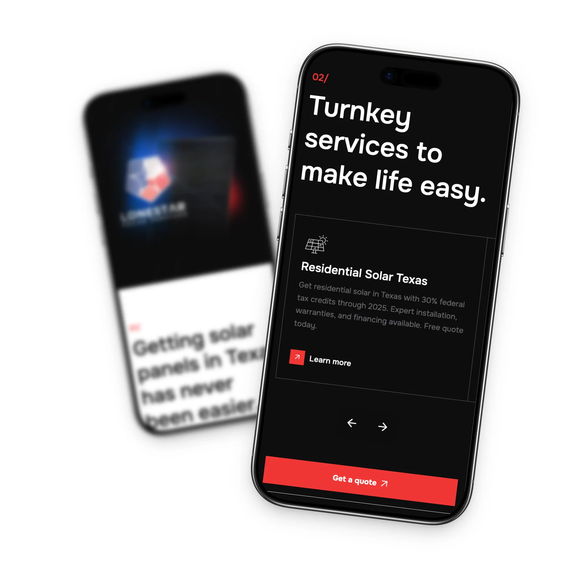 The Lonestar Solar Services site on a phone, showing its turnkey solar services section