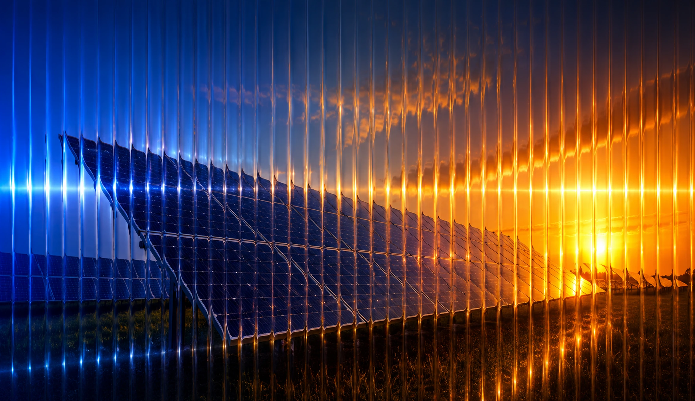 A solar panel array catching low gold light at sunset