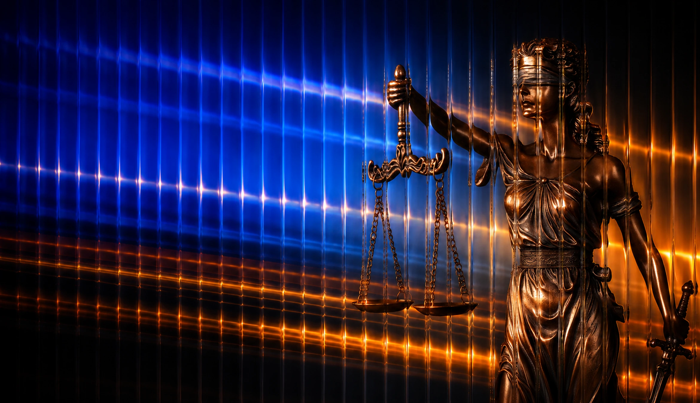 A statue of Lady Justice holding scales and a sword against fluted blue and gold light