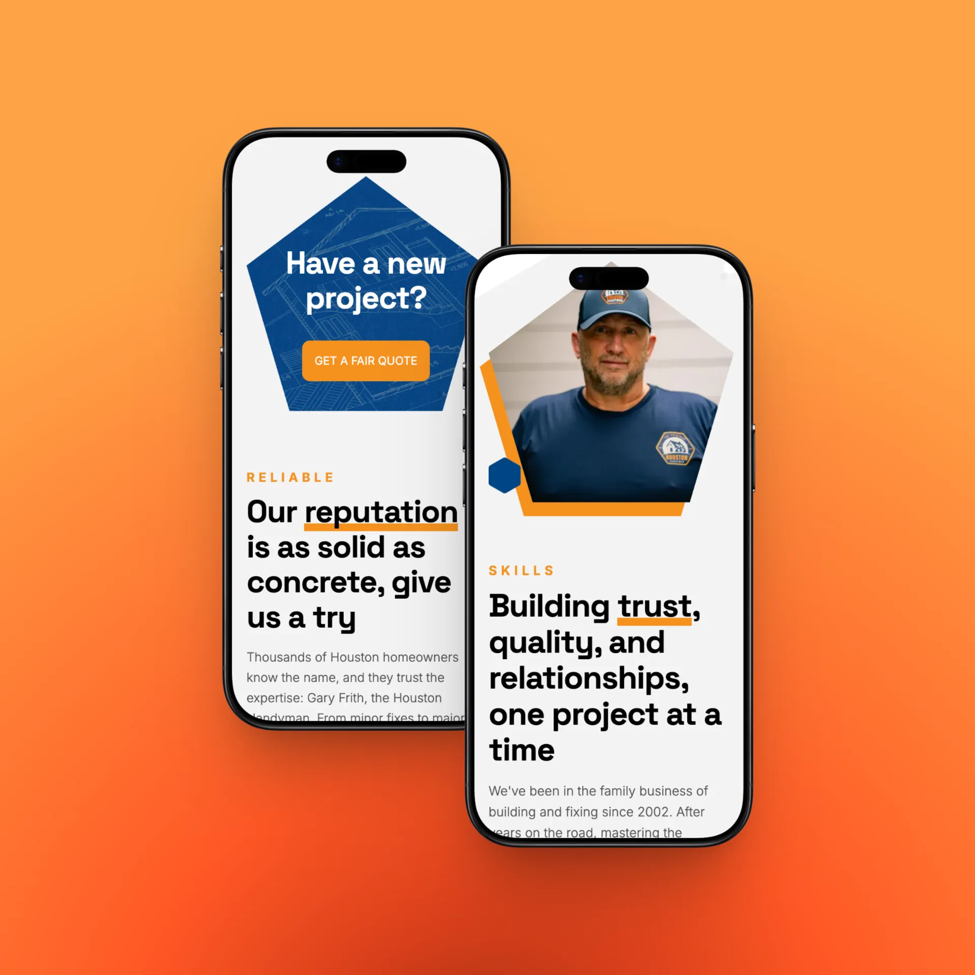 The Houston Handyman site on two phones, showing its project enquiry form and about section