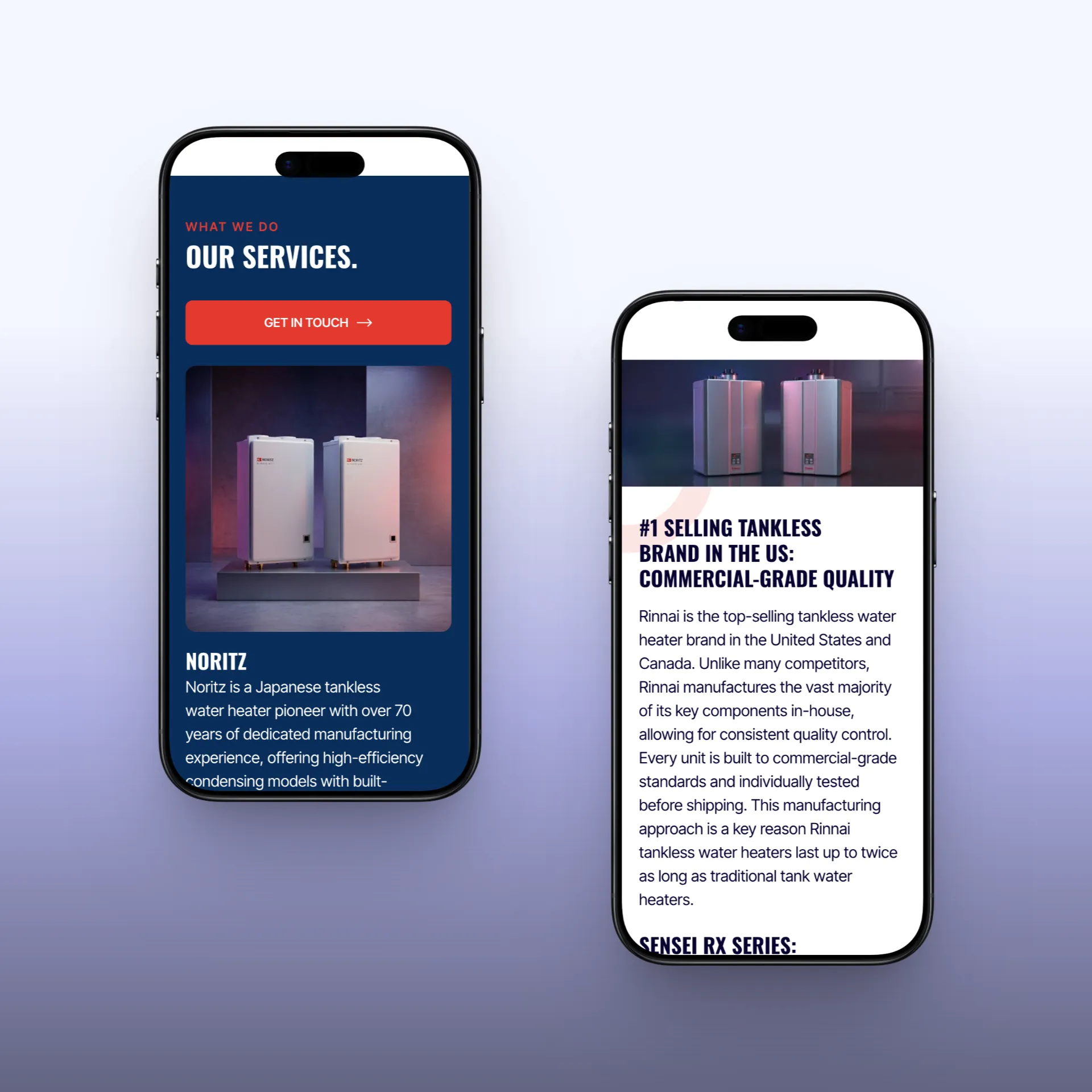 The Hot Water Guys site on two phones, showing its services list and tankless water heater brands