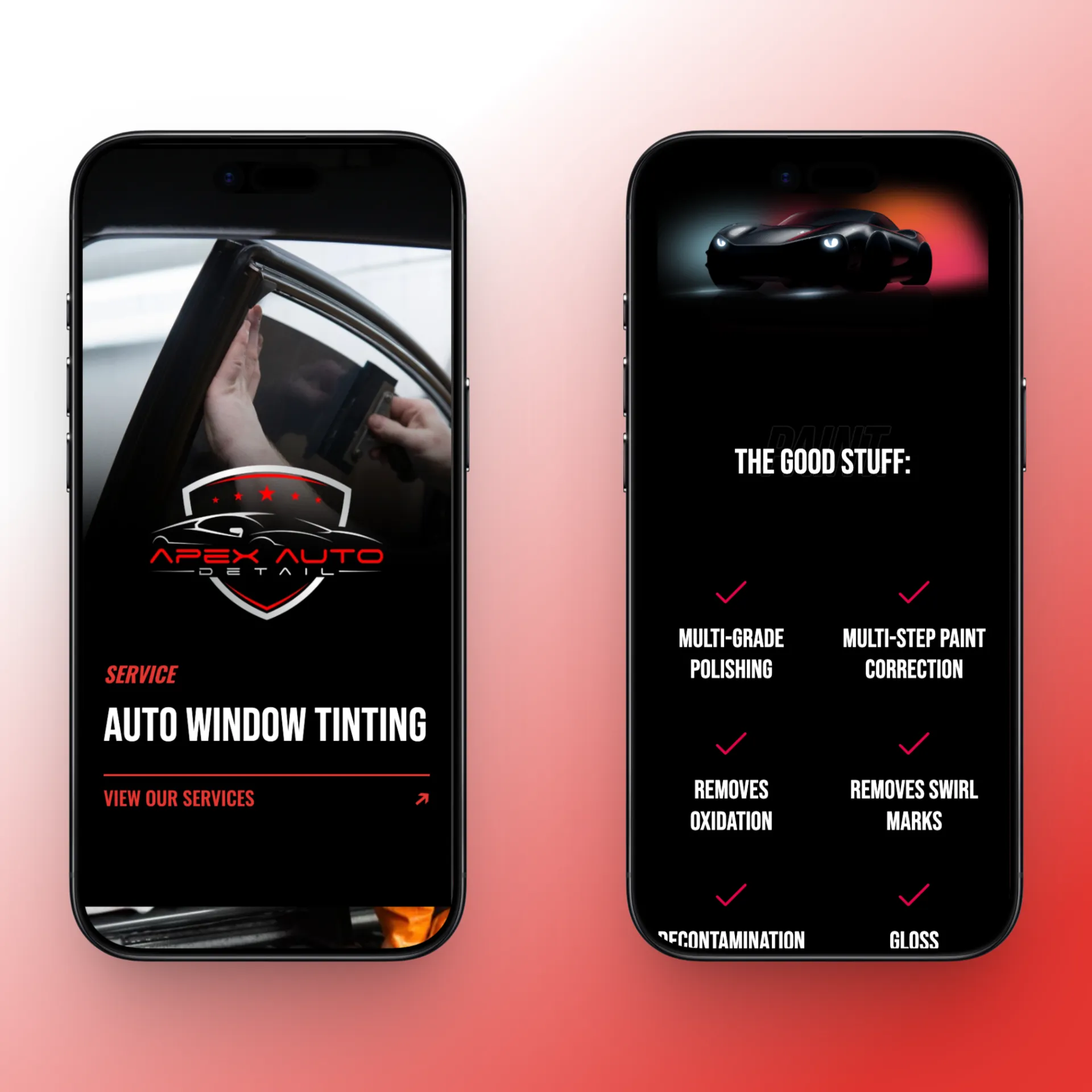 The Apex Auto Detail site on two phones, showing its window tinting and paint correction pages