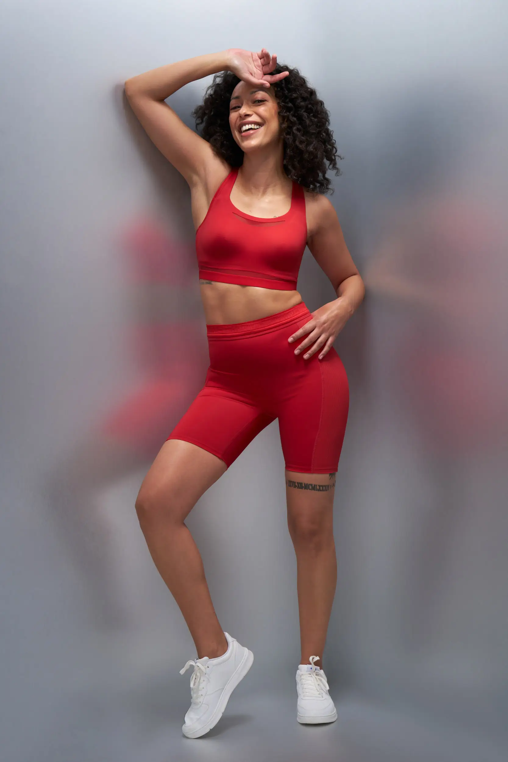 Mesh Panels Sports Bra & Drawcord Waistband Bike Shorts