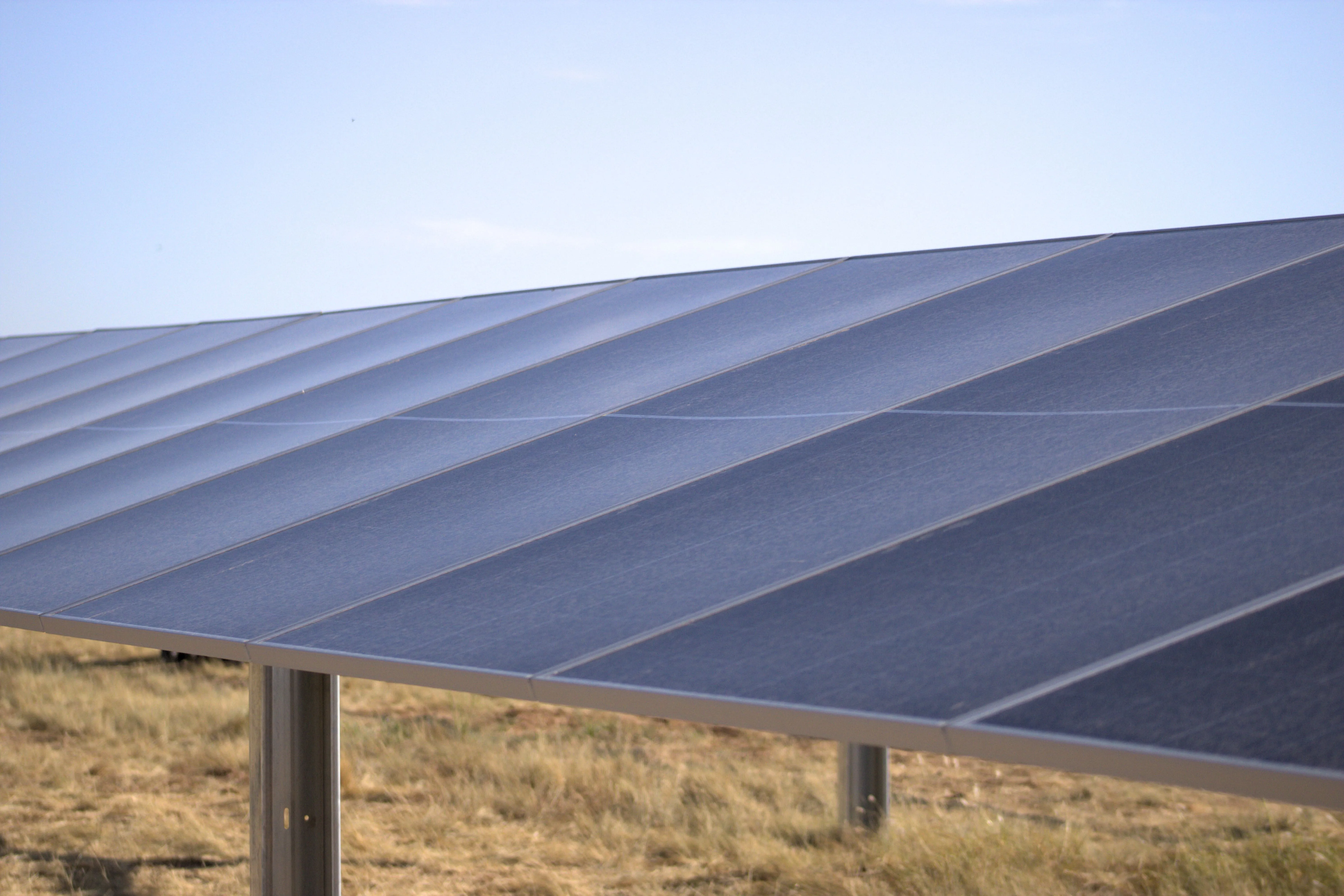 Close-up of a solar panel row at the Diamond solar project in Levelland, Texas