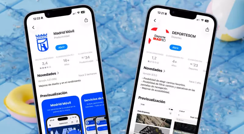 Apple App Store pages for the Madrid Móvil and DeportesCM mobile apps displayed side by side on iPhones