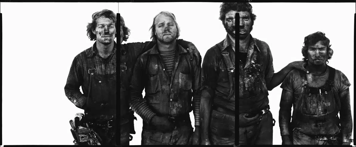Photo from Richard Avedon - Roger Tims, Jim Duncan, Leonard Markley and Don Belak, coal miners, Reliance, Wyoming, August 29, 1979